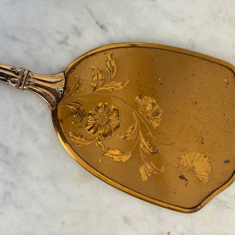 Vintage Handheld  Mirror Gold Toned Floral Pattern